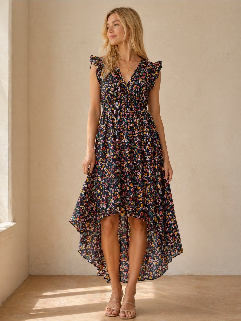 Floral V-Neck High-Low Maxi Dress - Black Floral